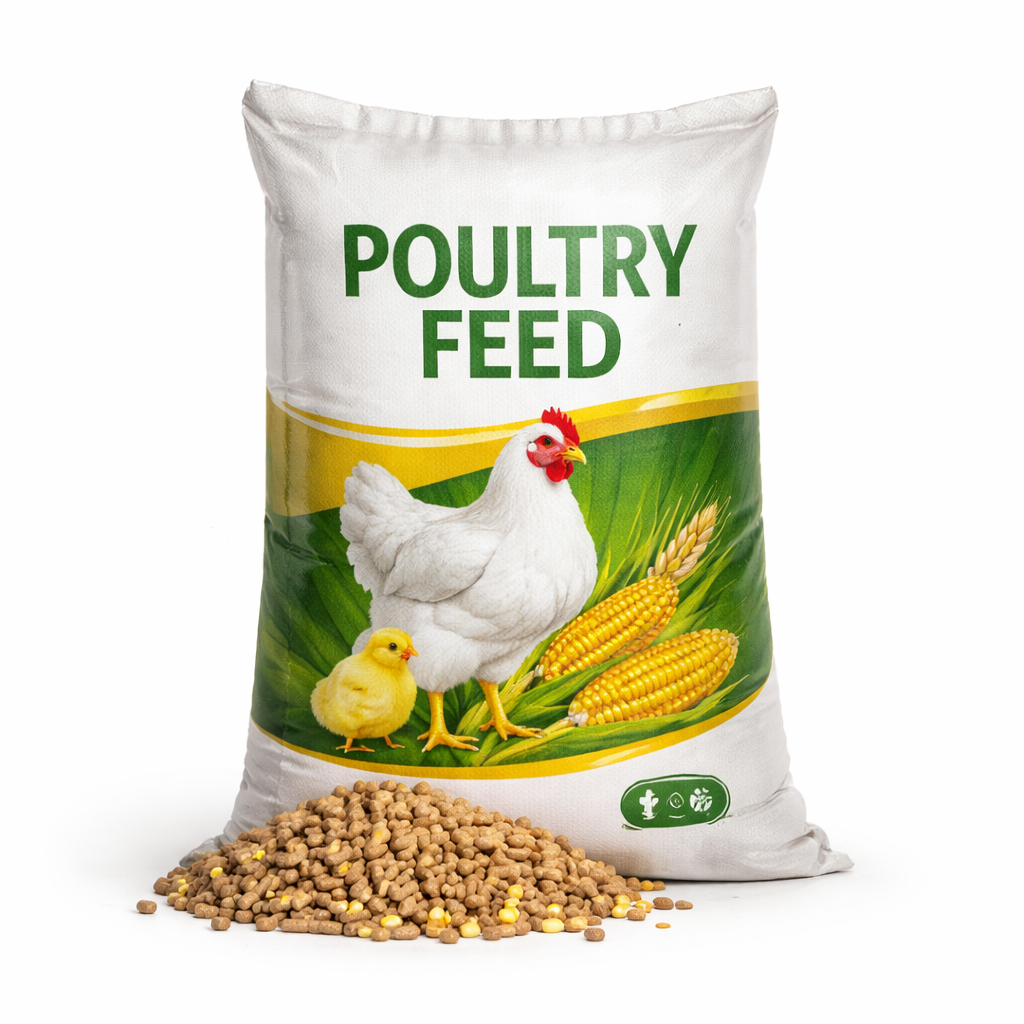 Poultry feed bags and grain